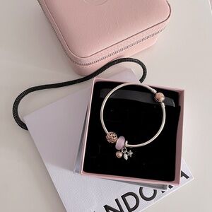 Pandora bracelet silver and rose gold bangle + 3 charms